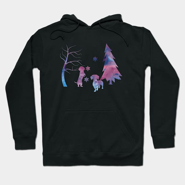 Dachshund Winter Forest Art With Snowflakes Hoodie by BittenByErmines